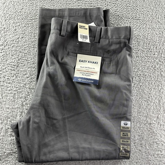 Dockers Easy Khaki Pants Mens 50x29 Gray Stretch Performance Comfort Waist NWT - Picture 1 of 13